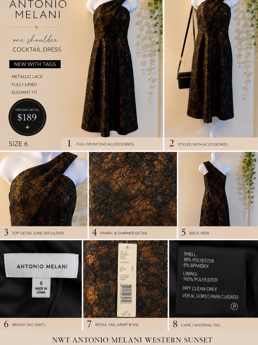 Antonio Melani NWT One Shoulder Metallic Lace Cocktail Dress 6